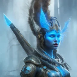 portriate of beautiful blue na'vi warrior,volumetric lighting, particals, intricate detail,realistc, close up