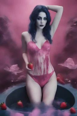 full body portrait - the corpse bride, wearing a pink, bikini in a hot tub - 32k, UHD, 1080p, 8 x 10, glossy professional quality digital photograph - dark blue and dark red, and light maroon and purple and foggy black gradated background with a paint splattered wall, strawberries, stars, planets, galaxies, an assortment of bright, colorful floral arrangements, black roses, blue roses, red roses, yellow roses, pink roses, dandelions, honeysuckle roses, tulips, carnations,