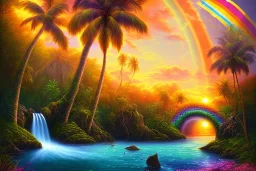 island waterfall palms twigs spring sunset rainbow bridge birds