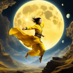 [fractal art: Apophysis, Mandelbulb 3d, Ultra Fractal] Michelle Yeoh as a martial artist monk in a yellow suit is jumping in the air next to planet with a large moon [Crouching Tiger, Hidden Dragon]