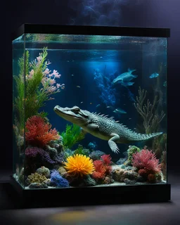 Little crocodile swimming in glass box underwater aquarium on a display,glass flowers, high quality product image ,coral reef, flora and fauna, cosmic nebula, dark background christian dior style, with frozen flowers around her, stunning-design, beutifull, side profile artwork, glass paint, multicoloured, displayed, backlight