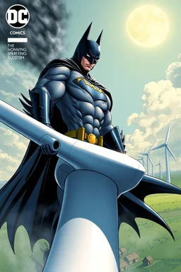 dc comics cover, giant batman holding an entire wind turbine, wind farm in the background, very high quality, highly detailed, 4k