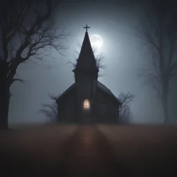 Hyper Realistic Haunted Dark Chapel between a Field & dry old tree at heavy foggy night