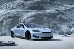 A Tesla 'Model S' is parked, on the planet 'Hoth'. CINEMATIC. WIDE ANGLE LENS. PHOTO REAL.