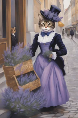 Painting of 1 anthropomorphic dressed female cat selling lavender in Vienna