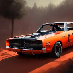 The general Lee car dodge charger, by drew struzan, epic lighting, highly detailed, twilight