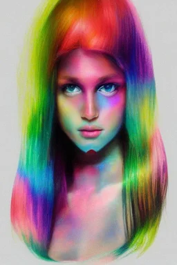 Beautiful perfect perfectly centered photorealistic lady crayon on pastel paper long hair, shiny metallic silver hair, rainbow cropped top t-shirt full-body portrait by Greg Rutkowski, medium shot