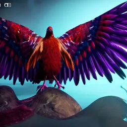 bird like creature, wings, feathers, another dimension, epic, big, beautiful, attractive, colourful, carnivore, double bodyparts, deep colours, 8k resolution, dynamic lighting,ultra hyperdetailed, intricately detailed, Unreal Engine 5