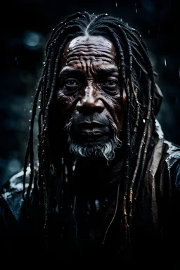 a close up of a person with dreadlocks, a character portrait,oily, muddy wet , rain dirt running down his face, by Lee Jeffries, unsplash contest winner, hyperrealism, she is dressed in shaman clothes, covered with tar. dslr, 8 k highly detailed ❤🔥 🔥 💀 🤖 🚀, the look of an elderly person