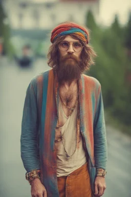 Hippie bohemian young man with Parisian bohemian look and glasses of colours and poor and short short short and poor hair on the head with receding hairline. Farsightedness glasses with big eyes. Long beard. Vintage look and feel like photo styleof the 70s