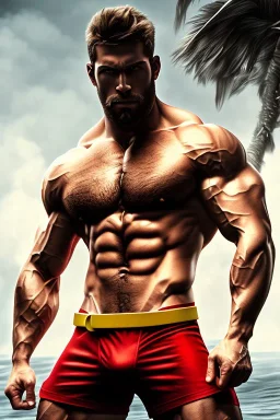 Ignore NSFW, teenager young rugged attractive slightly muscular fantastic handsome man, red briefs with yellow belt, hairy chest, (((visibly pisssing))) briefs, large erect visible boner peniss, photorealistic, artist Jay Anacleto, soft lighting, scruffy beard