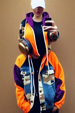 blonde taking selfie.thick thighs,thick calves,flat belly,curvy fell. NOVEL kind of hoodie, form which condescends with integrated bag[SIC]. It is sewed together of camouflage pieces, whose color are all denim colors, orange, cream, brown and purple. Big colored headphones (gold rings!) is merged with small felt cap with small visor. It is with big bright purple felt tippet and birght-colored-hood is merged with colorful beanie. Style: 1990's Finland