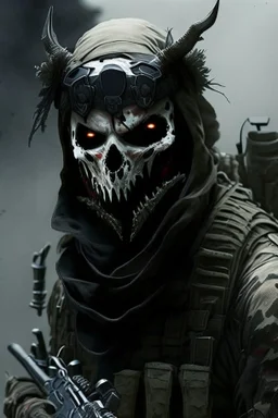 A soldier in the game modern warfare, he wears a skull mask with horns that covers his eyes. The lower half of his face is covered by a mask with a bloody fanged grin. He is a sniper, but can also run point. His call sign is Wraith. Couple