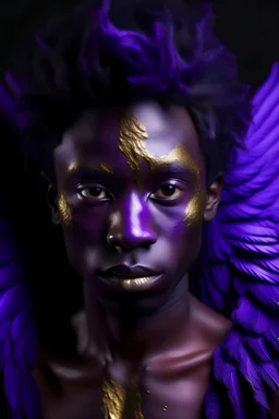 Purple skinned human with purple wings and golden eyes, scared