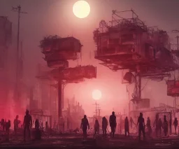 digital art, trending on artstation, a post apocalyptic world ruled by rusty machines under a full moon in a gigantic city full of neon lights and machines acting like humans, these being the vast majority of the population.