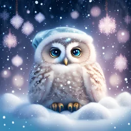 Cute fluffy soft owl with big universe eyes, wearing Christmas hat. Sweet Christmas pastel colours. Sitting in soft pillows, surrounded by snow. Snowflakes, winter sparkles, Christmas night magic all around