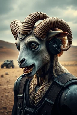 side profile, mechanic man scary (autofarm) in movie poster movie release date 2025 form,a portrait hybrid mixed turned head body part sheep, giant eyes sheep alien style horror look. as five headed mouth open, rough teeth, turn head around, landrover crash in background(&*&*^%$^#%$#%$^%$#^#$#^%#$^$#