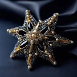 A stunning handmade brooch in the shape of a star, embroidered with dazzling beads, bugles, and crystals, rich gold and silver tones, an intricate yet bold design, the perfect blend of elegance and luxury, intricate reflections of light on the stones and sequins, set against a black satin fabric, sharp focus on the details with soft shadowed lighting creating a luxurious atmosphere