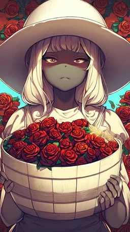 A 7-year-old little girl from Russia holds a lot of roses and puts them on her face, wears a plain white bucket hat, puts roses in front of her face so that her face is not visible, (many flowers: 1.2), soft light, golden hour, upper body, HDR, 8K, Natural Skin Texture, AO, Complex, Highly Detailed, Sharp Focus, Crazy Detail, Intricate Detail, Highly Detailed, The Girl Looked Down