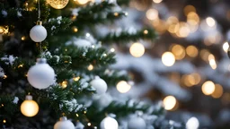 ,night,snow,shot of a christmas tree with light and ornaments,bokeh,