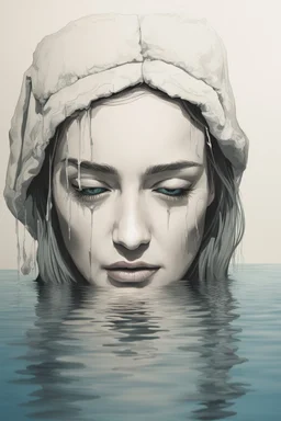 Artwork of t-shirt, Wide angle, half of face on water surface of a woman eyes are full of tears in swimming pool. Broken heart, sadness, down deep