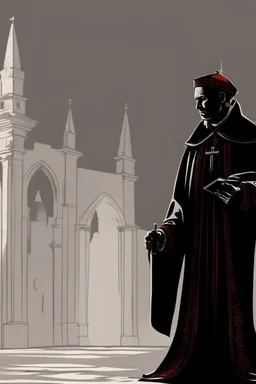 cardinal priest, reading, shadow, silhouette, gray background, medieval, illustration,