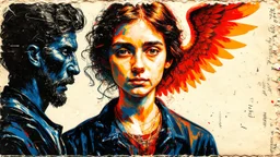 old worn postcard, Portrait Light and darkness in one person, angel and demon in one person, abstract art additional colors small details,