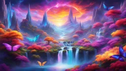 In a realm where colors ignite with energy, neon rivers wind through cloud valleys. Crystal spires pierce star-painted skies, and waterfalls of light cascade into vibrant abysses. Giant butterflies with fiery wings flutter amid floating islands of glowing flora, as energy dragons streak across the horizon. Welcome to the Chromatic Carnival, where every moment bursts with vibrant energy and every dream is a spectacle of color!