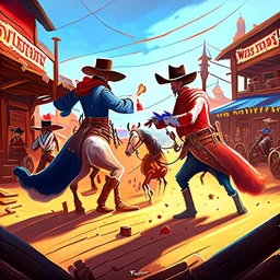 Create an image of a duel at noon: two cowboys in cowboy hats, belted with pistol bullets, one with a red scarf around his neck and the other with a blue scarf with white dots around his neck, drawing guns against each other in the center of a wild west town, in the background the saloon with horses tied up At the entrance to it, epic scene, cinematic scene, dramatic shot, outdoor shot, cinematic, sunset time, 24K