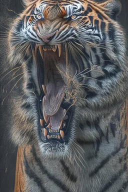 a full grown hyper-realisitc tiger screaming melting like wax, hyper-realistic natural form, full body, highly detailed melting details, emotional expression, detailed emotions, hyper detailed melting of the animal to the ground, engraved fur details, anatomically correct animal, dark colour tone, epic colour treatment, cinematic colour treatment, meticulously intricate perfectly symmetrical extremely detailed, pixiv daily ranking, pixiv, extreme depth of field, artstation, sculpture style, spec