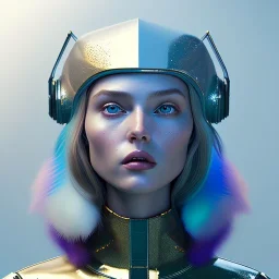 woman, rounded face, blue, round grunge helmet, decorative color feathers, retro futuristic, latex coat, soft color, highly detailed, art stations, concept art, smooth, unreal engine 5, god rays, ray tracing, RTX, lumen lighting, ultra detail, volumetric lighting, 3d, finely drawn, high definition, high resolution.