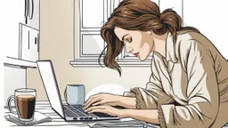 stockphoto about a woman a woman hiding under the bed and working on a laptop, she has half-length brown hair and wearing pajamas , pale light, half socks and a mug of coffee next to her, high detalied, sharp focus, high realistic photo, perfect shot