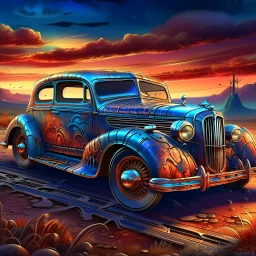 PROMPT: Detailed illustration of a [CAR], metallic body in [COLOR], with subtle rust spots and faded paint details. The car is parked, chrome accents and custom wheels catching the light. The background shows [SCENERY], with a [SKY GRADIENT COLORS]. The style is cinematic, bold, and vibrant, masterpiece digital painting with high detail and game-art inspired realism.