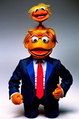 a Film Photograph of an orange angry Donald Trump Muppet made of felt and fur wearing a dark blue suit and red tie