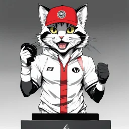 a drawing of a manga cat man with a sports cap and shirt, speaking at a (((lectern))) with a microphone, red, white and black colors, cat white and black colors, microphone in one hand, cat asking