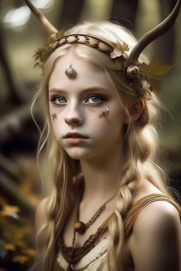 pretty girl, aged 16, blonde, conventionally attractive, dreamy, faun, satyr, tribal