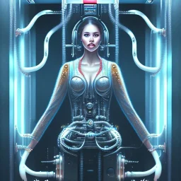 upper body of lady in elevator, machine with gears and ropes, book cover, fantasy art, sketch, movie poster, mirrors