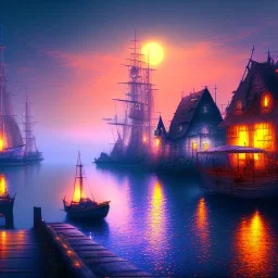 Fantasy city, cove, dock, night, large