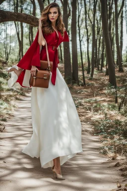 fullbody shot of young-beautiful-girl-with-a-perfect-face standing in green trees