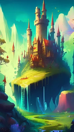 storybook fantasy landscape of a whole kingdom with towering castles, scifi towers, cliffs, condiments, green pasture filled with bulls and gloomy forests of bears that look majestic and monstrous, the ground has puddles of sauces like ketchup and mustard and financial market prices and investment charts, vibrant, comic book style, visual novel style, anime vibes, glowing, various empty bottles, stock market charts, detailed