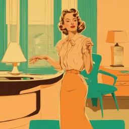 woman in messy blouse pointing to her neck, 1950s architecture interior house, art deco furniture visible. peach orange and cyan interior