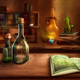A wooden biologist's desk, on it a glass bottle. In the glass bottle a captured fairy "detailed matte painting, deep color, fantastical, intricate detail, splash screen, complementary colors, fantasy concept art, 8k resolution, Unreal Engine 5"