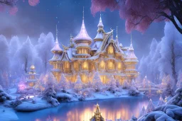 a magical crystal snow bleu gold house in the woods, sun,white swanns,pink vertical, blue lake,sharp, vines, candlelit, endor, ornate, elegant, highly detailed, artstation, concept art, smooth, sharp focus, illustration, 8k, splash art, wallpaper, key visual