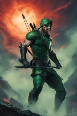 Green Arrow, Strong, athletic physique, action poses, battle scars, blood, foggy, cloudy background, multicolored lightning, flowing lava, Full Eclipse, aliens, explosions, bright, vibrant, extremely colorful, detailed, blood red skies