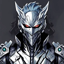 Logo silver skinned anime Dragman cyberpunk with dragon mask in his eyes