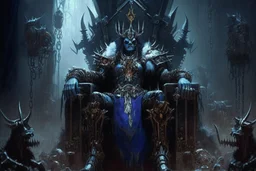 amo de la noche warhammer 40k con su armadura enorme sentado en un trono con cadenas y pieles de personas y piel palida