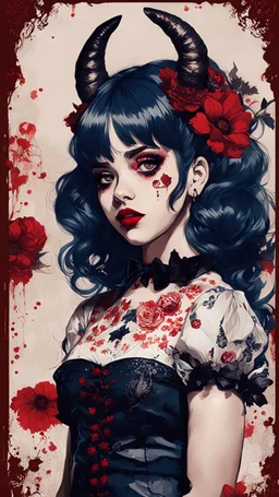 Poster in two gradually, a one side malevolent goth vampire girl face and other side the Singer Melanie Martinez face, full body, painting by Yoji Shinkawa, darkblue and sepia tones, wears a smart shirt which is embroidered with red flowers and ornaments, has dark eyes and horns