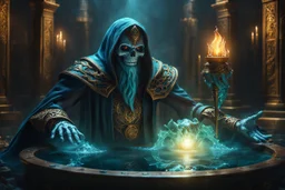 an ancient lich summoning a water elemental. gloves. empty sockets. fantasy concept art, exquisite realism, a masterpiece, dynamic lighting, hyper detailed, intricately detailed, deep color, Unreal Engine, volumetric lighting , Epic cinematic brilliant stunning intricate meticulously detailed dramatic atmospheric maximal,