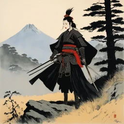 René Gruau's Nomadic samurai female creature at the edge of the wood