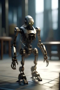 aging robot with hair and a with walking chair, zeiss prime lens, bokeh like f/0.8, tilt-shift lens 8k, high detail, smooth render, down-light, unreal engine, prize winning